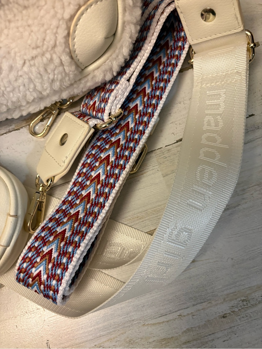 Madden Girl Cream Sherpa Crossbody with Detachable Patterned and Solid Straps - Picture 5 of 6